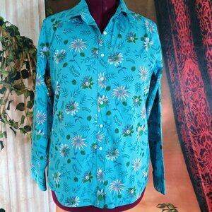 EUC Lands' End Sz 14 Blue Floral No Iron Supima Cotton Long Sleeve Blouse